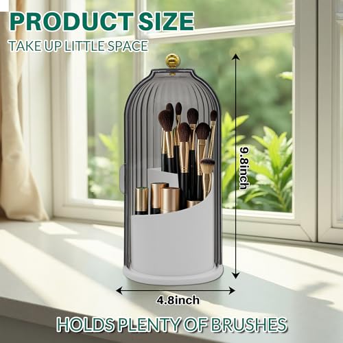 Makeup Brush Holder with Lid Cosmetic Tools Organizer 360 Rotating Waterproof Dustproof Make Up Brushes Storage for Vanity Bathroom Countertop - color: Black