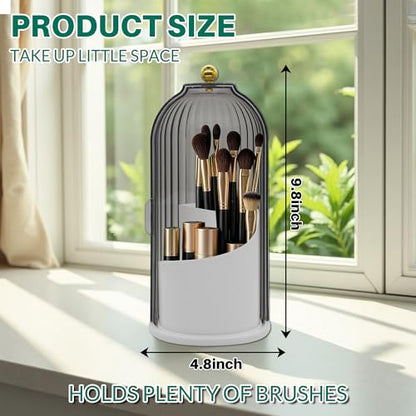Makeup Brush Holder with Lid Cosmetic Tools Organizer 360 Rotating Waterproof Dustproof Make Up Brushes Storage for Vanity Bathroom Countertop - color: Black