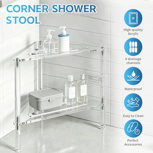 Acrylic Corner Shower Stool for Shaving Legs - Clear Triangle Shower Stool with 2-Tier Storage Shelf - Modern Bathroom Step Stool - Includes 1 Bath Sponge & 2 Shower Loofahs for Exfoliation