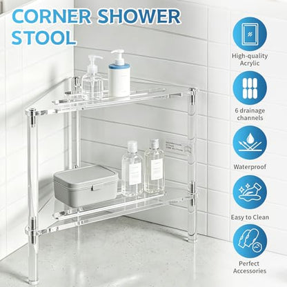 Acrylic Corner Shower Stool for Shaving Legs - Clear Triangle Shower Stool with 2-Tier Storage Shelf - Modern Bathroom Step Stool - Includes 1 Bath Sponge & 2 Shower Loofahs for Exfoliation