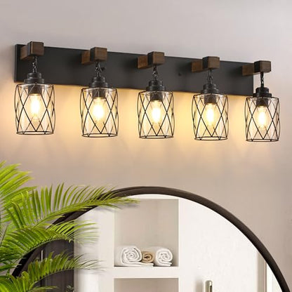 Bathroom Light Fixtures,Farmhouse Black Metal with Glass Shade | 5 Light Rustic Vanity Lights, Wood Accent Wire Cage Design, Mounts Over Mirror, Ideal for Bedroom & Hallway,Easy to Install - size: 5-Light