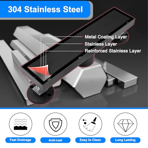 Linear Shower Drain 12 Inch Black Rectangular Floor Drain with 2-in-1 Tile Insert Cover, Bathroom Stainless Steel Drains Easy Installing and Cleaning (CUPC Certified)