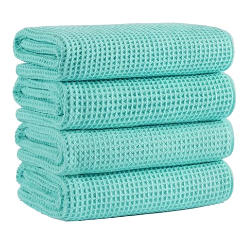 MICROFI Microfiber Waffle Bath Towels, 4 Pieces, Soft, Absorbent, Fast Drying, Lint Free 430 GSM (27''x55''/68.58 cm x139.7 cm) - color: Turquoise