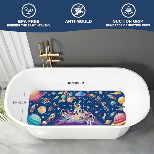 Baby Bath Mat for Tub Non Slip Kids, BPA Free Extra Long Bathtub Mat 40x16 with Drain Holes and 200 Suction Cups, Non Toxic Machine Washable Toddler Bath Mat, Eco-Friendly Certified - color: Blue Planet