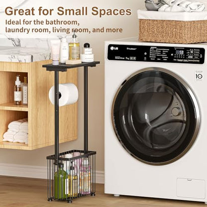 Free Standing Toilet Paper Holder with Storage Shelf – Bathroom Tissue Stand with Space for Phone, Wet Wipes and Magazines – All-in-One Toilet Roll Dispenser and Organizer Holds 4-6 Rolls - size: 28.5" H x 6.3" W x 13.4" D