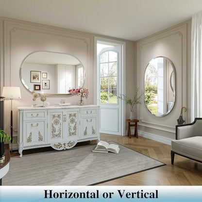Frameless Oval Mirror, 48"x32" Beveled Oval Bathroom Mirrors | 5mm HD Glass, Anti-Rust, 15mm Frameless Beveled Mirror, French Cleat, Horizontally or Vertically, for bathroom/bedroom - size: 48"L x 32"W