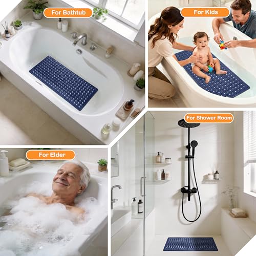 Yimobra Bathtub Mat Non Slip, 27.5"X15.5" Machine Washable Shower Floor Mat, Soft on Feet, Bathmat with Drain Holes and Suction Cups, Bathroom Essentials, Dark Blue - color: Dark Blue, size: 27.5 X 15.5 Inch