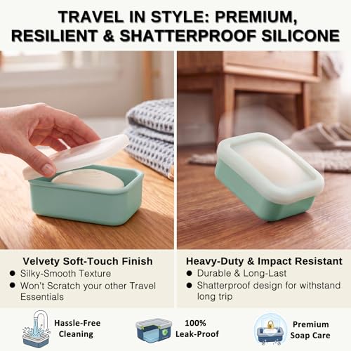 HighHerz Compact Leak Proof Silicone Travel Soap Case with Draining Tray - Portable Bar Soap Container - 2026 Upgrade Travel Essentials for Camping, Gym & Shower (Clear Green) - color: Clear Green