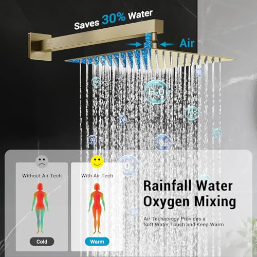 10" Square Rain Shower Faucet Set, Wall Mount, Brush Gold | 304 SS , air tech boosts pressure 50%, dual spray, anti-fingerprint - color: Brush Gold, style: 10''-Wall Mount