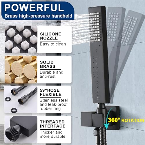 Thermostatic Shower System Dual 16" Ceiling & 8" Wall Mounted Rain Shower Heads, 4 Function, Matte Black - color: Matte Black