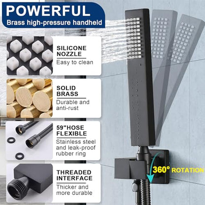 Thermostatic Shower System Dual 16" Ceiling & 8" Wall Mounted Rain Shower Heads, 4 Function, Matte Black - color: Matte Black