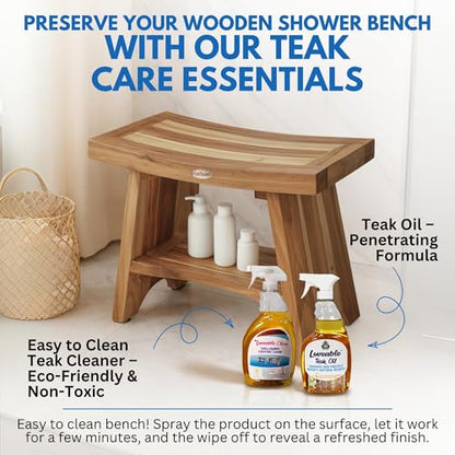 EcoDecors Serenity 24-Inch Teak Shower Bench with Shelf, 300 lb | Supports up to 300 lb with adjustable non-slip feet for stable, secure seating in showers and bathrooms - size: 24" shelf