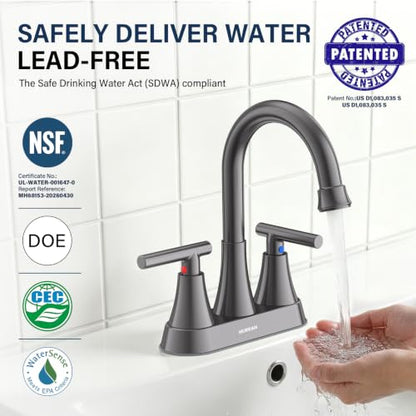 Bathroom Faucet, Hurran 4 inch Centerset 2-Handle Lead-Free, Brushed Grey | Bathroom Sink Faucet with Pop-up Drain and Supply Lines, Stainless Steel Faucet for Vanity RV Restroom Laundry Outdoor Sink - color: Brushed Grey