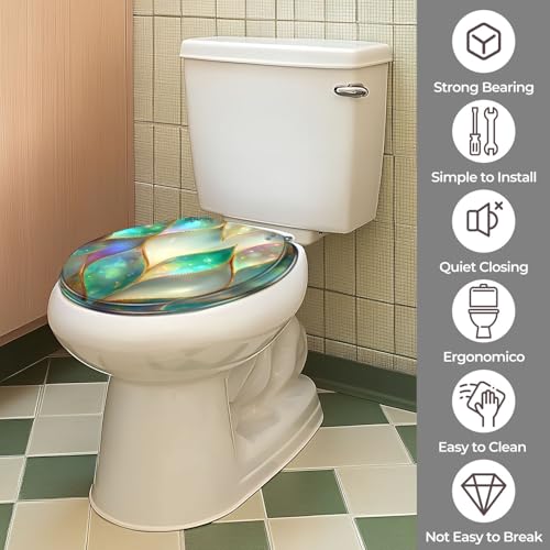 Round Resin Toilet Seat, Quietly Close Quick Release Hinges Cover | Toilet Lid Cover Easy to Clean and Install, Sophisticated Mosaic Pearlescent Gold Accents Heavy Duty Toilet Seat - color: pattern9, size: O-shape