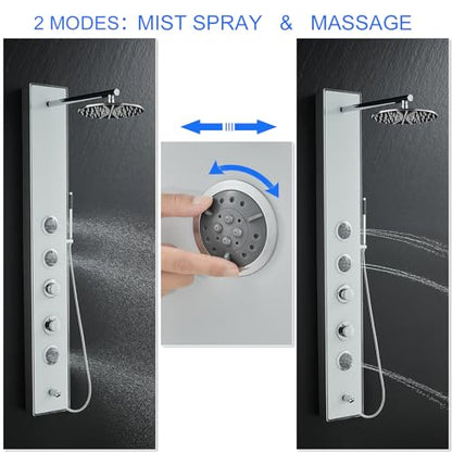 4-in-1 Glass Shower Panel Tower System Stainless Steel White | 51 inch shower panel l 9" rain shower head | 3 massage jets | Handheld shower | Tub spout | Glass + steel design | Wall mount - style: Round Shower