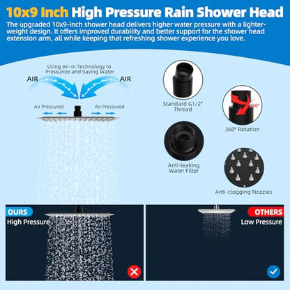Hibbent All Metal cUPC Certified Shower Head, 10'' High Pressure Rainfall Showerhead Combo, Handheld Shower Wand, 12'' Adjustable Extension Arm, 4-Spray, 71'' Hose, Brass Shower Holder, Matte Black - color: Matte Black, style: Square 10''