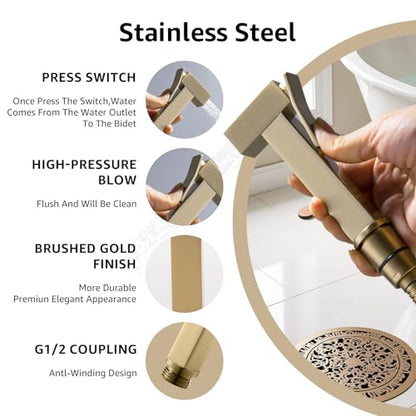 Handheld Bidet Sprayer for Toilet, Cloth Diaper Sprayer with Wall Mounts (ABS) and Hand Held Bidet Bathroom Hose (Stainless Steel), Jet Spray for Toilet, Muslim Shower, Easy to Install (Brushed Gold) - color: Brushed Gold