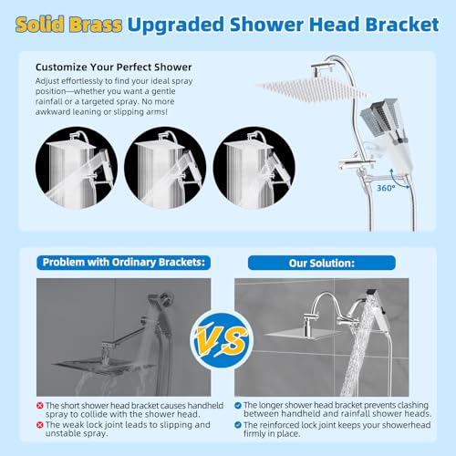 Hibbent All Metal cUPC Certified Shower Head, 12'' High Pressure Rainfall Shower Head, Showerhead Combo, Handheld Shower Wand, 12'' Adjustable Extension Arm, 4-Spray, 71'' Hose, Shower Holder, Chrome - color: Chrome, style: Square 12''