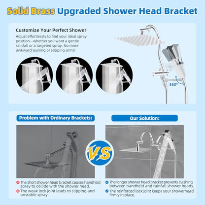 Hibbent All Metal cUPC Certified Shower Head, 12'' High Pressure Rainfall Shower Head, Showerhead Combo, Handheld Shower Wand, 12'' Adjustable Extension Arm, 4-Spray, 71'' Hose, Shower Holder, Chrome - color: Chrome, style: Square 12''