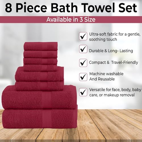 QUBA LINEN Pack of 8 Towels Set, 2 Large Bath Towels, 2 Hand Towels, 4 Wash Cloths, 100% Cotton, Lighter Weight, Quicker to Dry, Super Absorbent, Perfect for Bathroom (Burgandy) - color: Burgandy