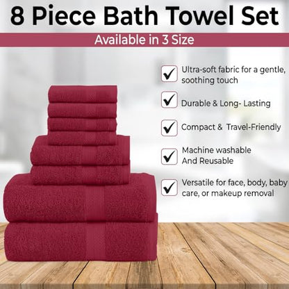 QUBA LINEN Pack of 8 Towels Set, 2 Large Bath Towels, 2 Hand Towels, 4 Wash Cloths, 100% Cotton, Lighter Weight, Quicker to Dry, Super Absorbent, Perfect for Bathroom (Burgandy) - color: Burgandy