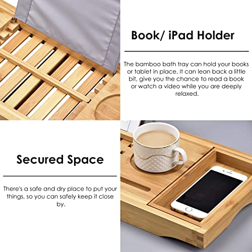 Expandable Bath Tub Tray Table for Luxury Bath, Adjustable Bamboo Bath Caddy Tray with Towel/Wine/Book Holder, Home Bath Accessories