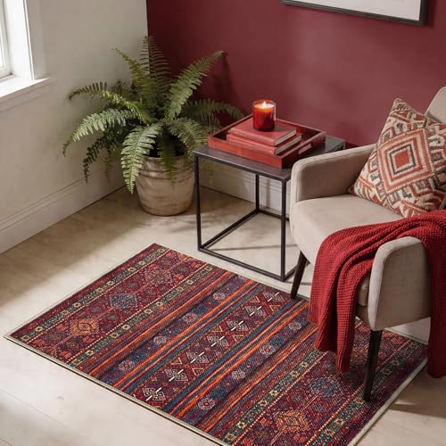 Keen Home Design Vintage Washable Entryway Rug, Non-Slip Low Pile, 2x3 | Machine washable cotton chenille, 0.25in low pile, rubber non-slip back; kitchen, entryway, bathroom, bedside - color: Burgundy / Colorful, size: 2' x 3' (Rectangular)
