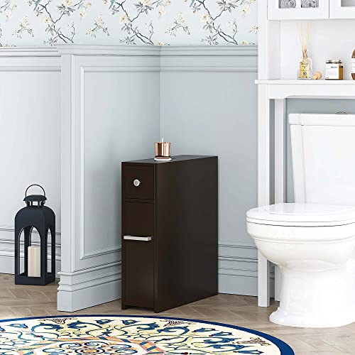 Spirich Small Bathroom Storage Cabinet with Toilet Paper Holder, Espresso | Slide-Out Drawers, Hidden Top Compartment, Toilet Paper Storage, Slim Freestanding Design for Bathrooms and Narrow Spaces - color: Espresso