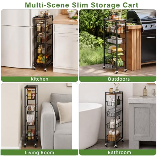 5-Tier Slim Rolling Cart Kitchen Utility Cart, Narrow Kitchen Cabinet with 4 Pull-Out Baskets - Versatile Rolling Storage Cart for Spices, Pantry & Bathroom Organization