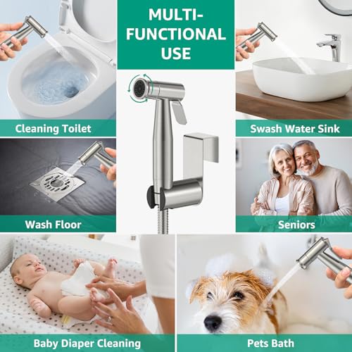Handheld Bidet Sprayer for Toilet Brushed Nickel with Leakproof Hose,Stainless Steel Cloth Diaper Sprayer,Adjustable Water Pressure,Dual Mode Wall/Toilet Mount Jet Spray for Baby Feminine Senior Wash - color: Brushed Nickel