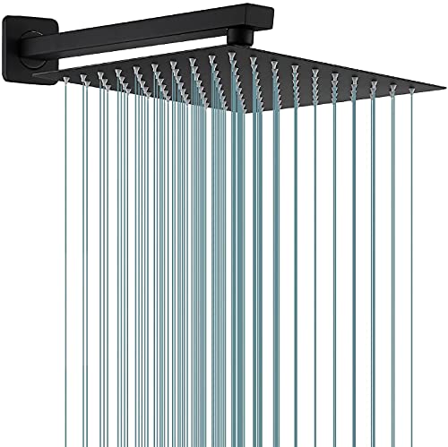 Rain Shower Head Black with Extension Arm 12 Inch Square Shower Head with 16 Inch Shower Arm Large Stainless Steel Rainfall Showerhead Matte Black Waterfall Full Body Coverage by GGStudy - color: Black, size: 12inch