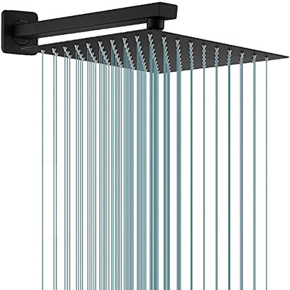 Rain Shower Head Black with Extension Arm 12 Inch Square Shower Head with 16 Inch Shower Arm Large Stainless Steel Rainfall Showerhead Matte Black Waterfall Full Body Coverage by GGStudy - color: Black, size: 12inch