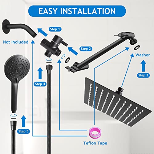 12” Black High/Low Pressure Water Rain Shower Head with 11” Extension Arm | 5 Settings Handheld Shower Head Combo,Powerful Shower Spray - Matte Black, Powerful Shower Spray Against Low Pressure Water - color: Black, size: 12" Showerhead Set