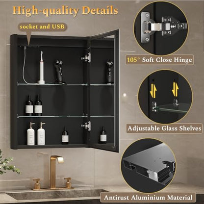 Spliceable Modular LED Lighted Bathroom Medicine Cabinet Mirror with Anti-Fog Aluminum Frame, Adjustable Lighting, Built-in Sockets & USB Ports – Wall Mounted (Right Hinge, 28" L x 20" W) - color: 20"×28" Led Right Hinge Cabinet