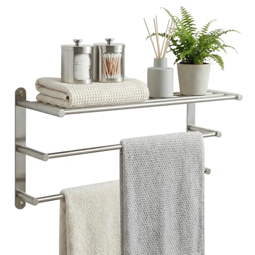 Bathroom Towel Rack Wall Mounted: 24 Inch Brushed Nickel Towel Rack with Double Towel Bar - SUS304 Stainless Steel Bath Towel Holder with Shelf for Hotel Lavatory - color: Brushed Nickel