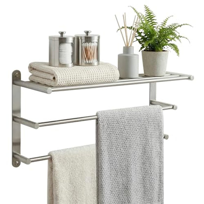 Bathroom Towel Rack Wall Mounted: 24 Inch Brushed Nickel Towel Rack with Double Towel Bar - SUS304 Stainless Steel Bath Towel Holder with Shelf for Hotel Lavatory - color: Brushed Nickel