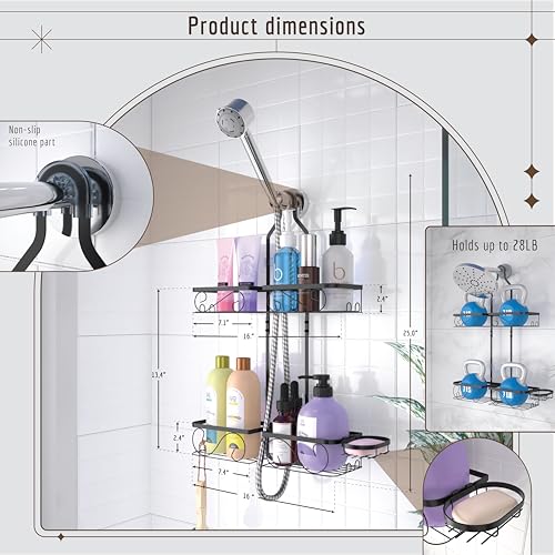 Adjustable Shower Caddy Hanging Rustproof Shower Caddy for Handheld Showerheads, Shower Organizer with Hooks Soap Holder Toothbrush Holder, Anti-Swing Shower Rack Bathroom Accessories, Black (Black)