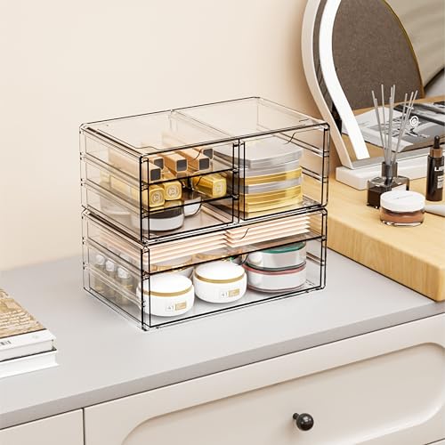 2 Pack Acrylic Drawer Organizer With 6 Drawers,Stackable 11.1” Large Clear Storage Drawers and Makeup Organizer For Vanity,Bathroom Countertop,Cabinet,Pantry,Office Supply Storage Bins Drawers - size: large 6 Drawers