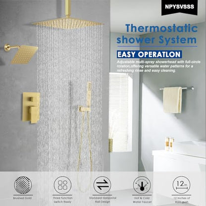 Shower System Dual Shower Heads with 12" Ceiling Mounted Rain Shower Head & 6" Wall Mounted Head Full Body Luxury Rain Shower System 3 Way Pressure Balance Valve Kit, Brushed Gold - color: Brushed Gold, style: 12inch+6inch
