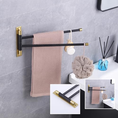 GERZWY Bathroom Swing Arm Towel Bars 2-Arm Wall Mount Stainless Steel Bath Towel Rack Hanger Towel Holder Organizer (Black & Gold) HYG02-BD - color: Black & Gold