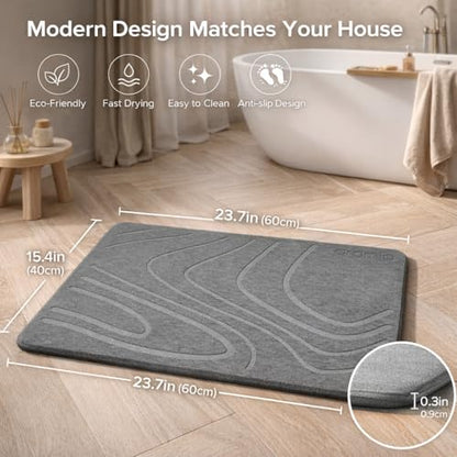 Stone Bath Mat – Quick Dry Diatomite Bath Mat, Non Slip, Fast Absorbing, Bathroom Floor Mat for Shower & Bathtub, Soft Stone Surface (23.7 x 15.4 x 0.3 inch, Grey)