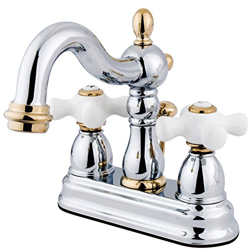 Kingston Brass KB1604PX Heritage 4-Inch Centerset Lavatory Faucet with Porcelain Cross Handle, Polished Chrome and Polished Brass - color: Polished Chrome/Polished Brass
