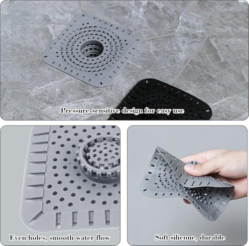 Silicone Bathtub Drain Hair Catcher – 3PCS Shower Drain Protector for 1.48" to 1.76" Regular Drains – Easy-to-Clean and Reusable Square - color: Square-grey