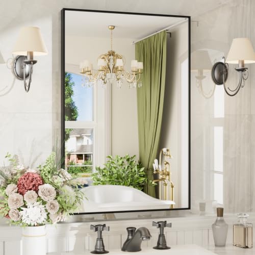 24"x36" Black Rectangle Bathroom Mirror for Over Sink, Wall Mounted | Tempered Glass, Clear HD Reflection, Moisture-Resistant Aluminum Frame, Hangs Vertically or Horizontally for Bathroom Vanity - color: Black, size: 24"L x 36"W