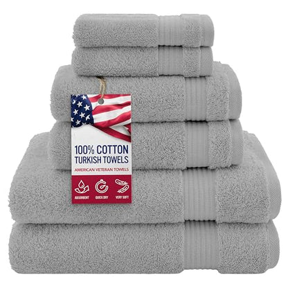 American Veteran Towel, 100% Cotton Turkish 6 Piece Towel Set, Luxury Towels Set of 6 for Bathroom Essentials, 2 Bath Towel 2 Hand Towel 2 Washcloth, Light Grey - color: Light Grey, size: XL 6PC