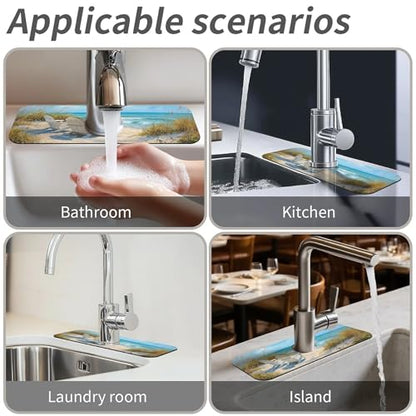 Kitchen Sink Splash Guard，Beach-scene Faucet Mat Sink Gadgets-Super Absorbent Fast Drying Mat Drip Catcher for Kitchen, Bathroom,Sink Mat, Dish Drying Mat, Bathroom(15" X 5.5" ) - color: Beach-scene