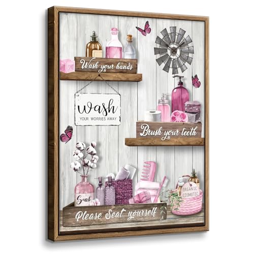 Framed Pink Bathroom Wall Art Prints Please Seat Yourself Sign Painting Wall Decor Vintage Flower Jars Wall Art Farmhouse Bathroom Artwork Modern Home Decor for Bathroom Framed Ready to Hang 12x16in - color: Pink Bathroom, size: 16"L x 12"W