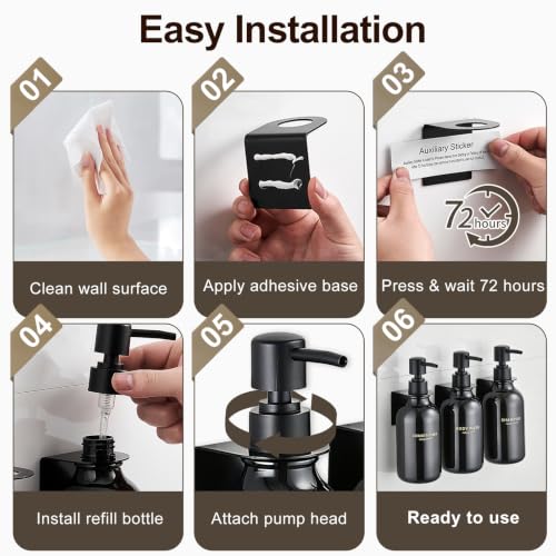 Shower Dispenser Wall Mounted Set of 3, Transparent Black | 16.9 oz Refillable Bottles, Black Pumps, No-Drill Installation, 27 Labels, For Bathrooms, Hotels and Airbnbs - color: Transparent Black Bottle + Black Pump