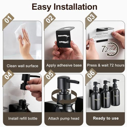 Shower Dispenser Wall Mounted Set of 3, Transparent Black | 16.9 oz Refillable Bottles, Black Pumps, No-Drill Installation, 27 Labels, For Bathrooms, Hotels and Airbnbs - color: Transparent Black Bottle + Black Pump