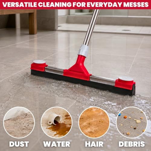 Floor Squeegee Scrubber with Extendable 62" Long Handle | 17.3" EVA Foam Blade, Reinforced Steel Frame for Garage, Concrete, Tile, Patio, Pool, Shower & Uneven Surface Cleaning